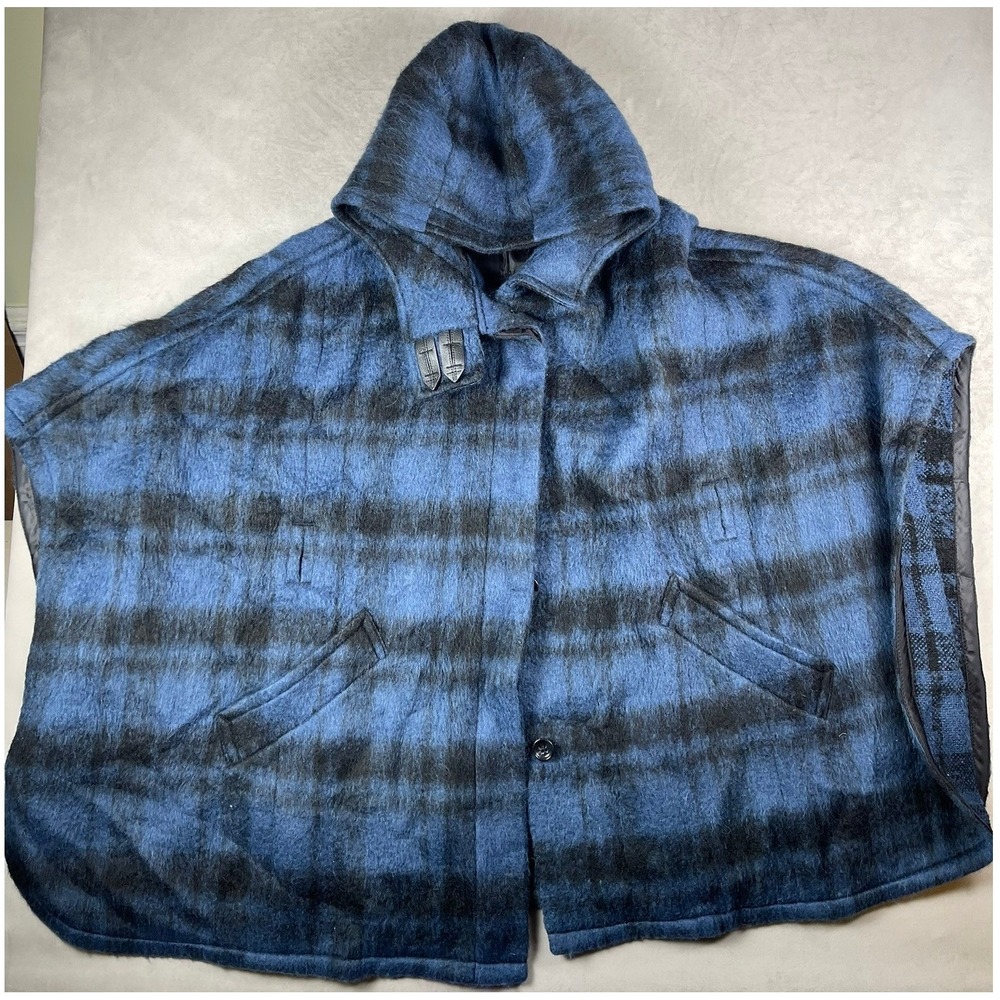 Coach Blue Black Plaid Hooded Poncho Cape Brushed Wool Blend M/L Designer Coat